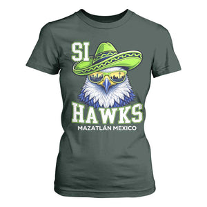 Funny Si Hawks in Mexican Sombrero T Shirt For Women Seattle Skyline Pride Mazatlan Mexico Vacation Green and Blue TS02 Dark Forest Green Print Your Wear