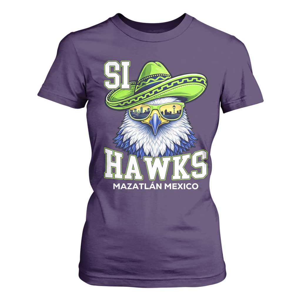 Funny Si Hawks in Mexican Sombrero T Shirt For Women Seattle Skyline Pride Mazatlan Mexico Vacation Green and Blue TS02 Purple Print Your Wear