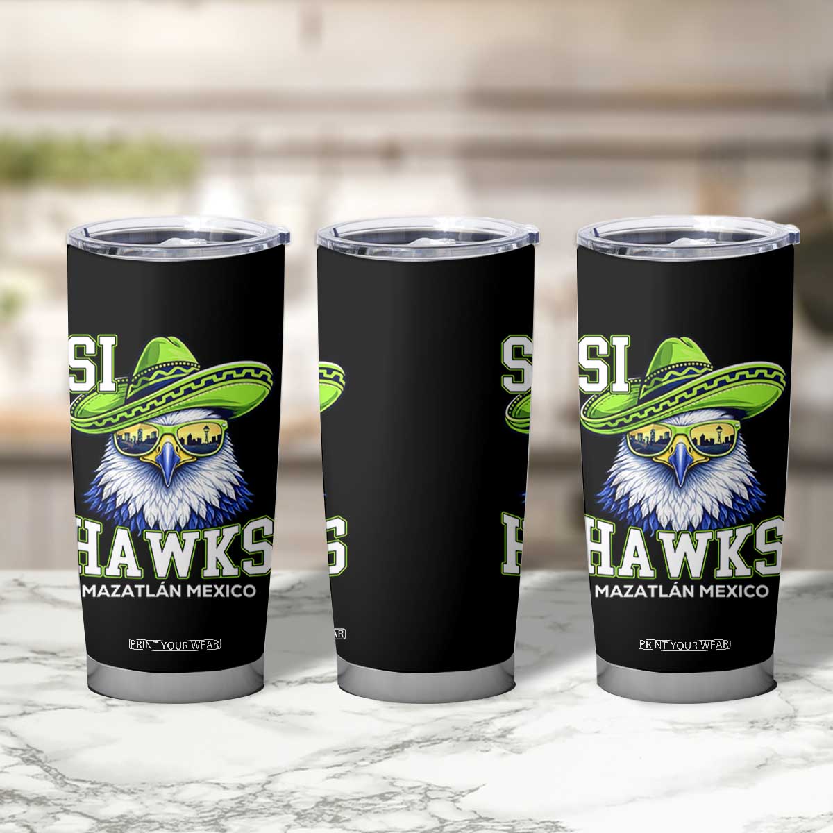 Funny Si Hawks in Mexican Sombrero Tumbler Cup Seattle Skyline Pride Mazatlan Mexico Vacation Green and Blue TS02 Print Your Wear