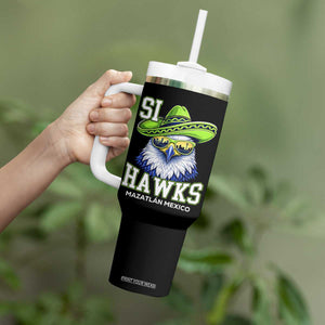 Funny Si Hawks in Mexican Sombrero Tumbler With Handle Seattle Skyline Pride Mazatlan Mexico Vacation Green and Blue TS02 Print Your Wear