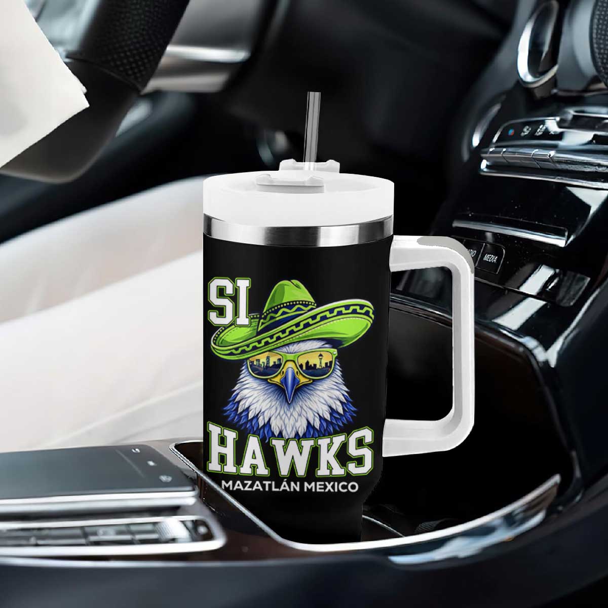 Funny Si Hawks in Mexican Sombrero Tumbler With Handle Seattle Skyline Pride Mazatlan Mexico Vacation Green and Blue TS02 Print Your Wear