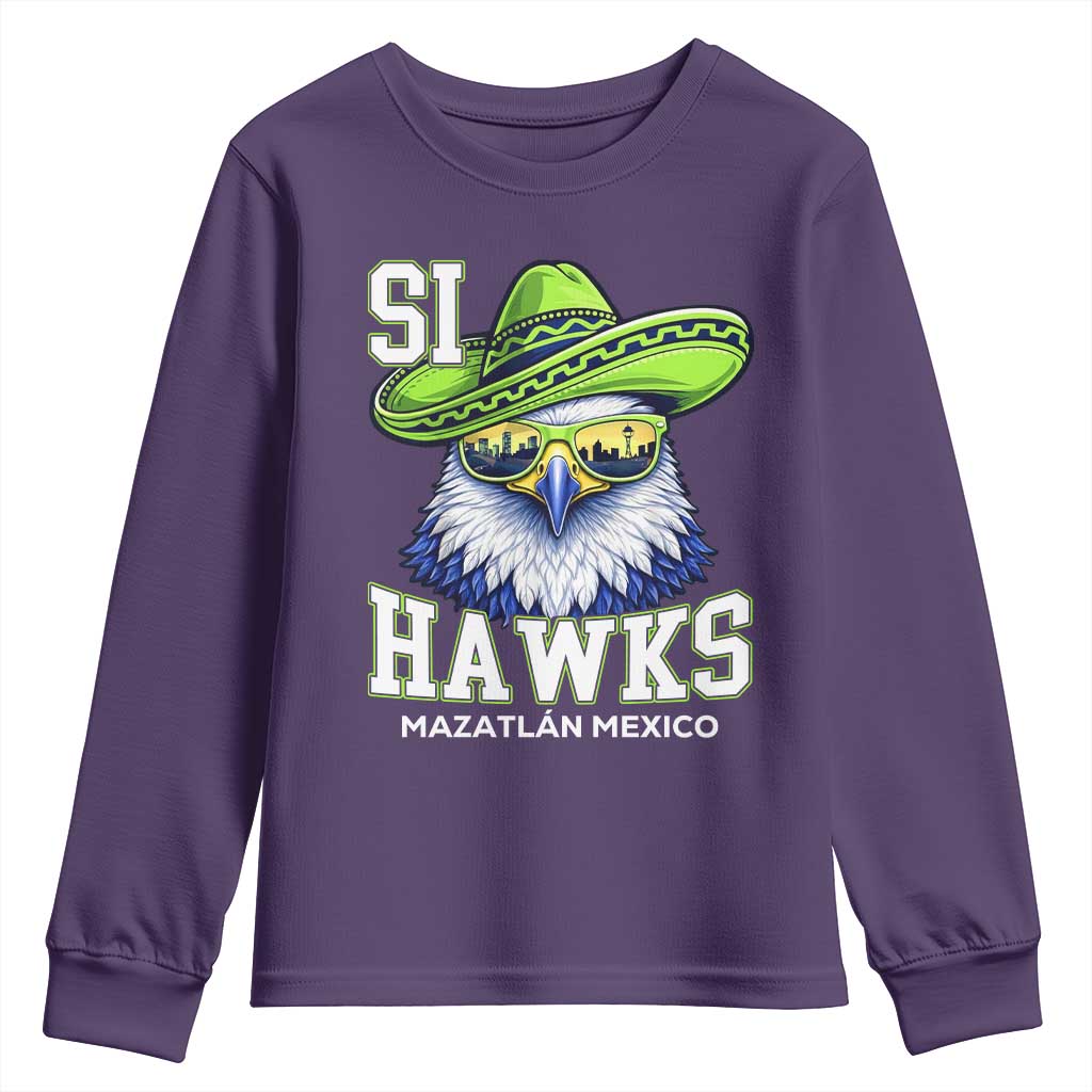 Funny Si Hawks in Mexican Sombrero Youth Sweatshirt Seattle Skyline Pride Mazatlan Mexico Vacation Green and Blue TS02 Purple Print Your Wear