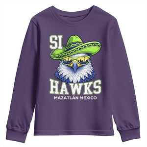 Funny Si Hawks in Mexican Sombrero Youth Sweatshirt Seattle Skyline Pride Mazatlan Mexico Vacation Green and Blue TS02 Purple Print Your Wear