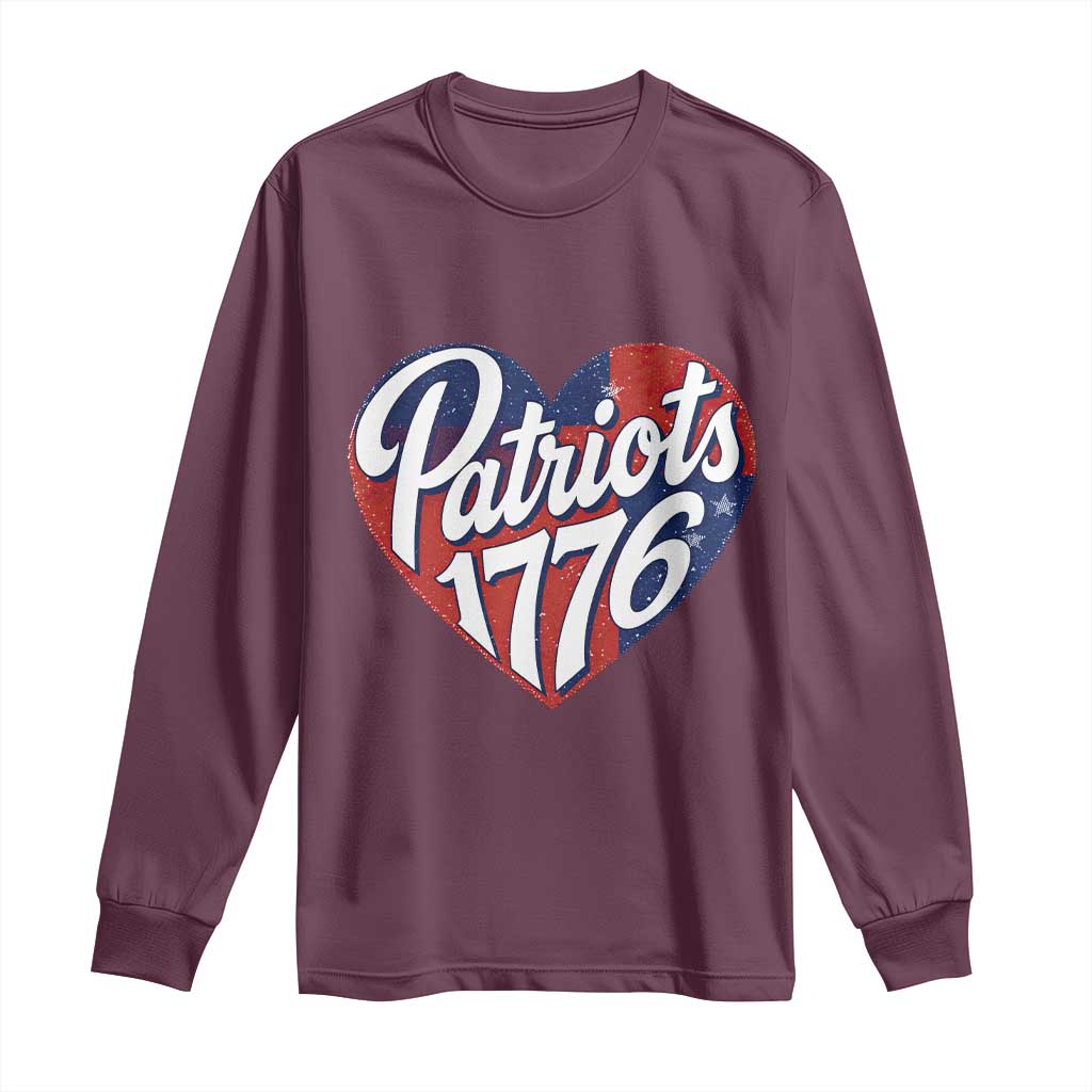 Patriots 1776 Red and Blue Heart Long Sleeve Shirt Classic Patriotic Sports Fan Style TS02 Maroon Print Your Wear