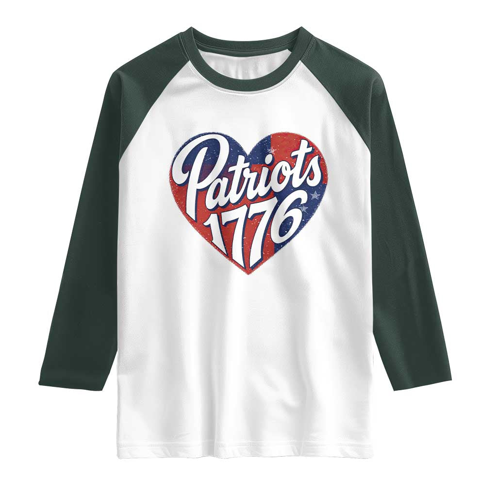 Patriots 1776 Red and Blue Heart Raglan Shirt Classic Patriotic Sports Fan Style TS02 White Dark Forest Green Print Your Wear