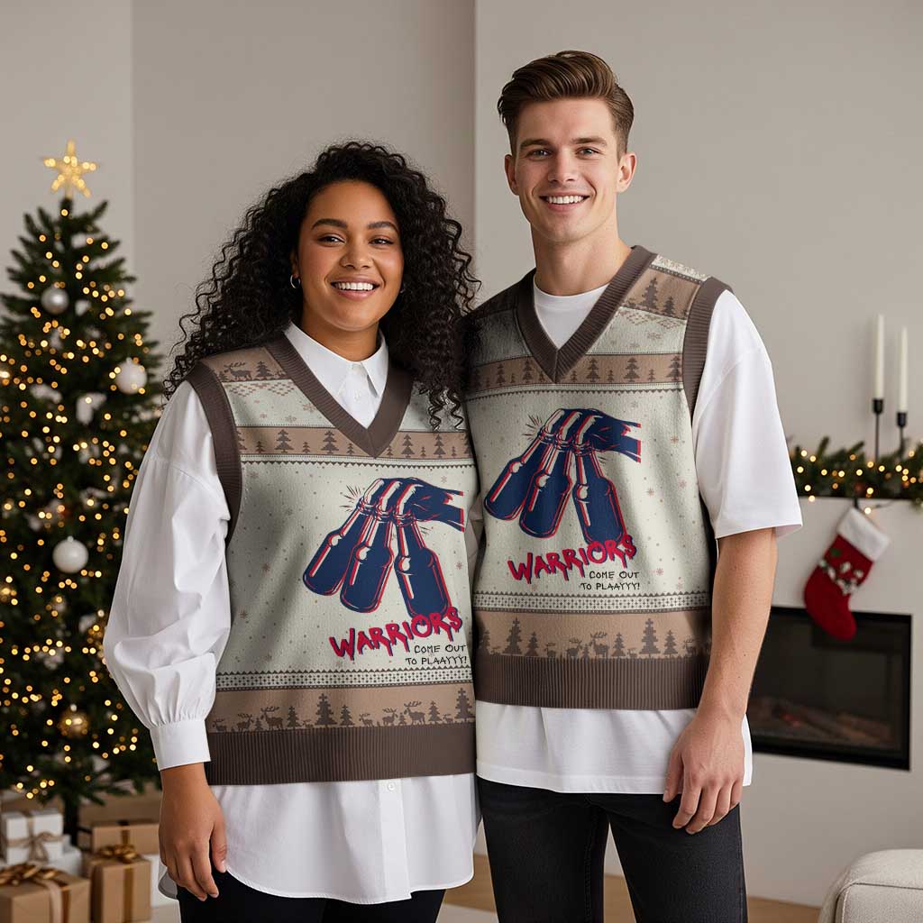 Warriors Come Out to Play V-Neck Knit Sweater Vest Energetic Game Day Patriot Motivation TS02 Mocha Mousse Print Your Wear