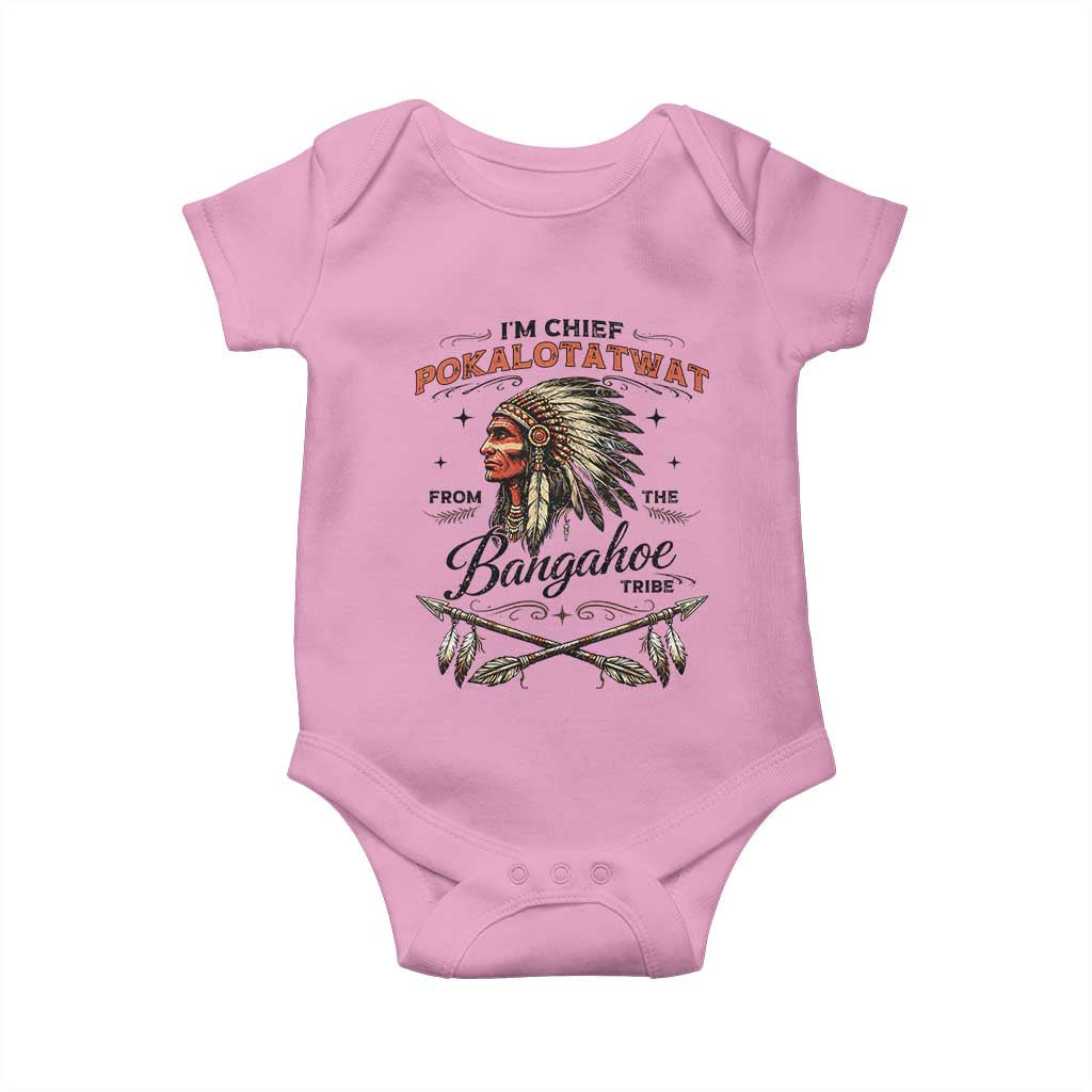 Funny I'm Chief Pokalotatwat from The Tribe Baby Onesie Indigenous Native American Vintage Headdress TS02 Light Pink Print Your Wear