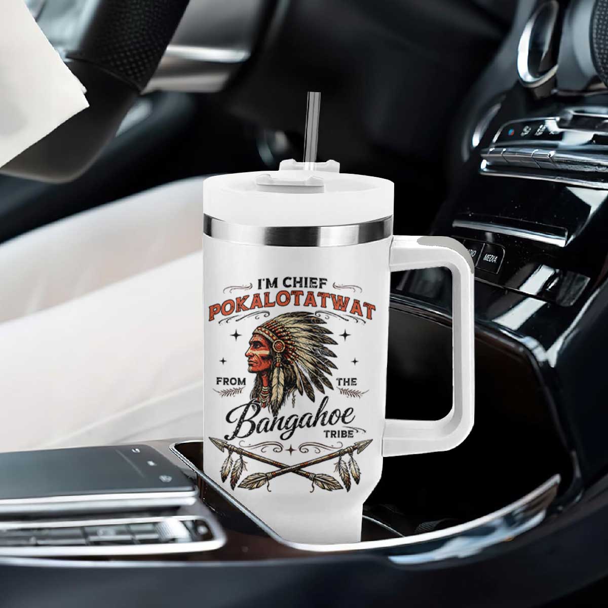 Funny I'm Chief Pokalotatwat from The Tribe Tumbler With Handle Indigenous Native American Vintage Headdress TS02 Print Your Wear