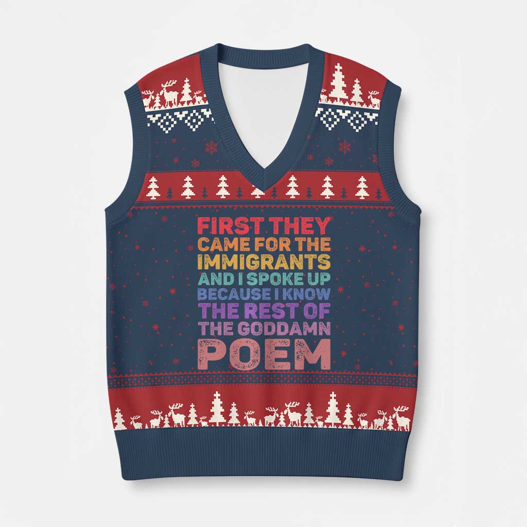 First They Came for The Immigrants V-Neck Knit Sweater Vest TS02 Navy Red Print Your Wear