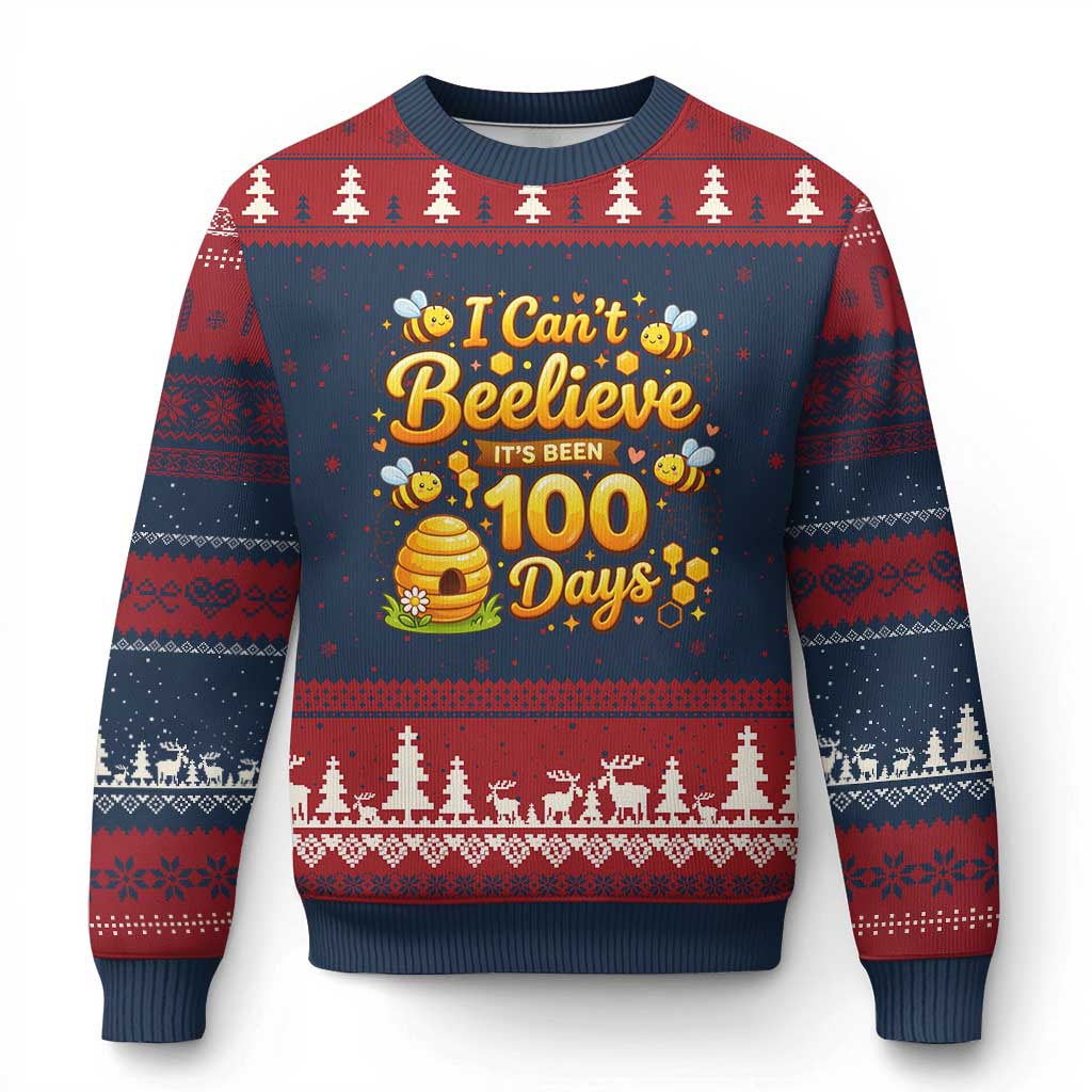 I Can't Believe It's Been 100 Days of School Cute Bee Ugly Christmas Sweater TS02 Navy Red Print Your Wear