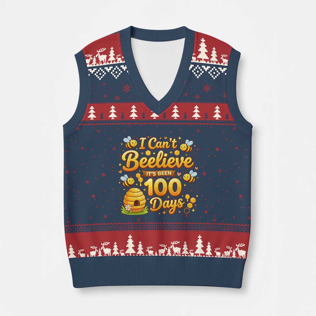 I Can't Believe It's Been 100 Days of School Cute Bee V-Neck Knit Sweater Vest TS02 Navy Red Print Your Wear