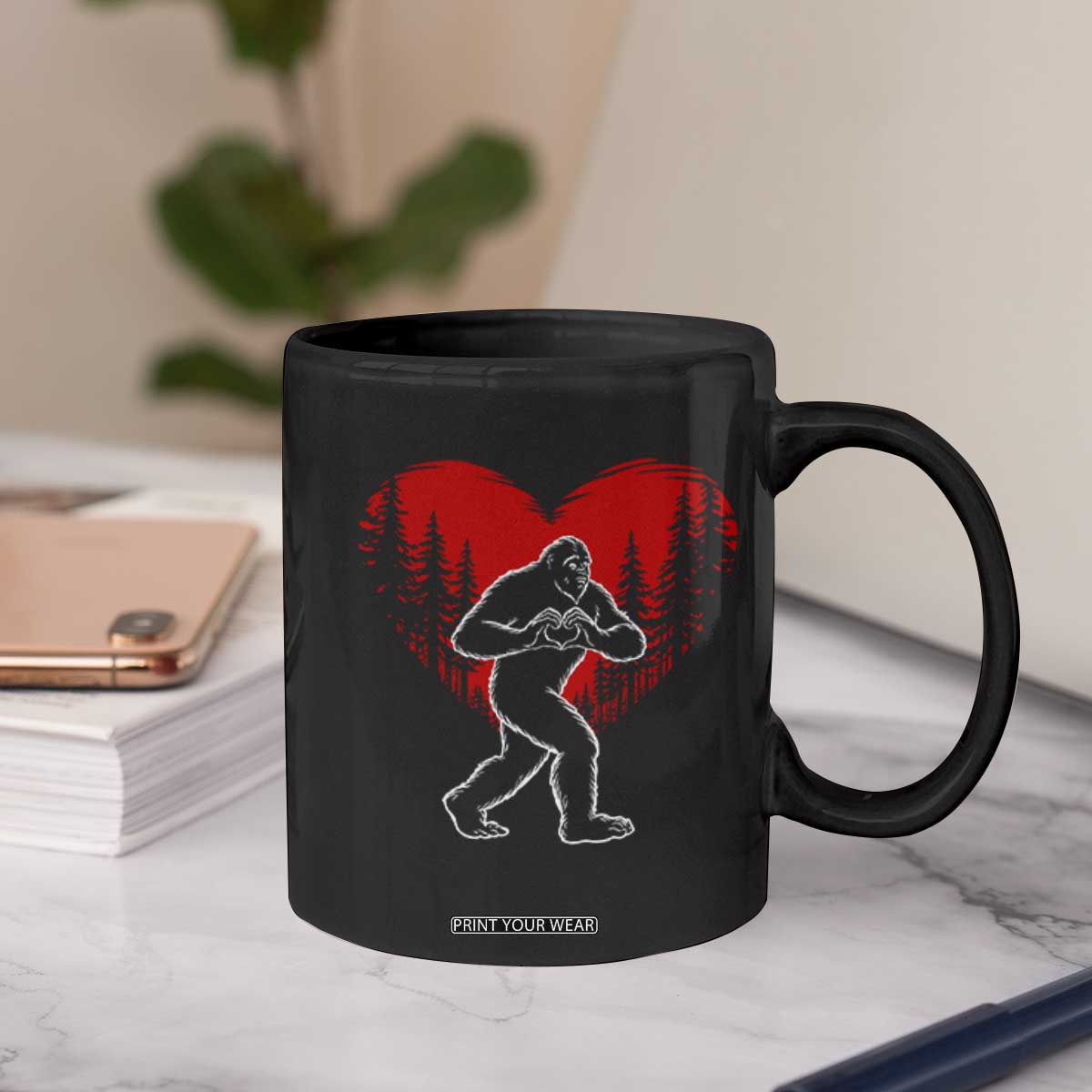 Funny Valentine Bigfoot in Love Heart Hand Sign Coffee Mug Romantic Sasquatch in Forest Valentines Day TS02 Print Your Wear