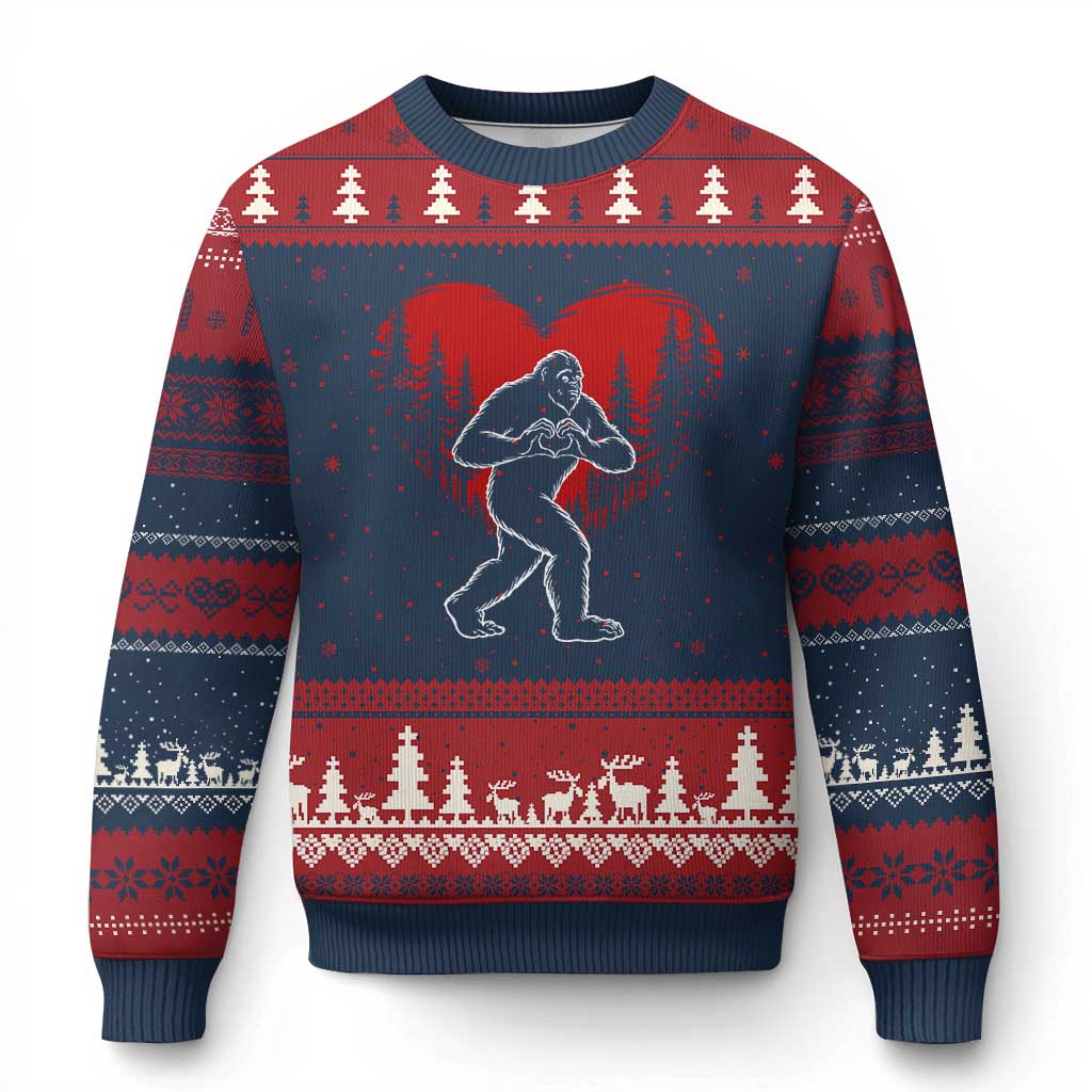 Funny Valentine Bigfoot in Love Heart Hand Sign Ugly Christmas Sweater Romantic Sasquatch in Forest Valentines Day TS02 Navy Red Print Your Wear