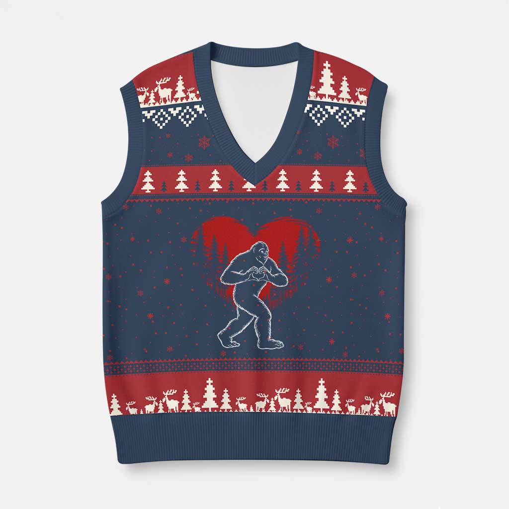 Funny Valentine Bigfoot in Love Heart Hand Sign V-Neck Knit Sweater Vest Romantic Sasquatch in Forest Valentines Day TS02 Navy Red Print Your Wear