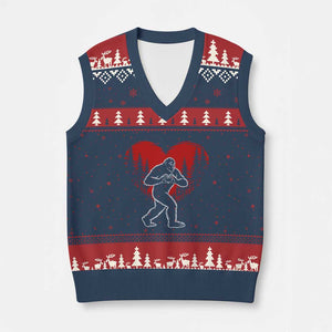 Funny Valentine Bigfoot in Love Heart Hand Sign V-Neck Knit Sweater Vest Romantic Sasquatch in Forest Valentines Day TS02 Navy Red Print Your Wear