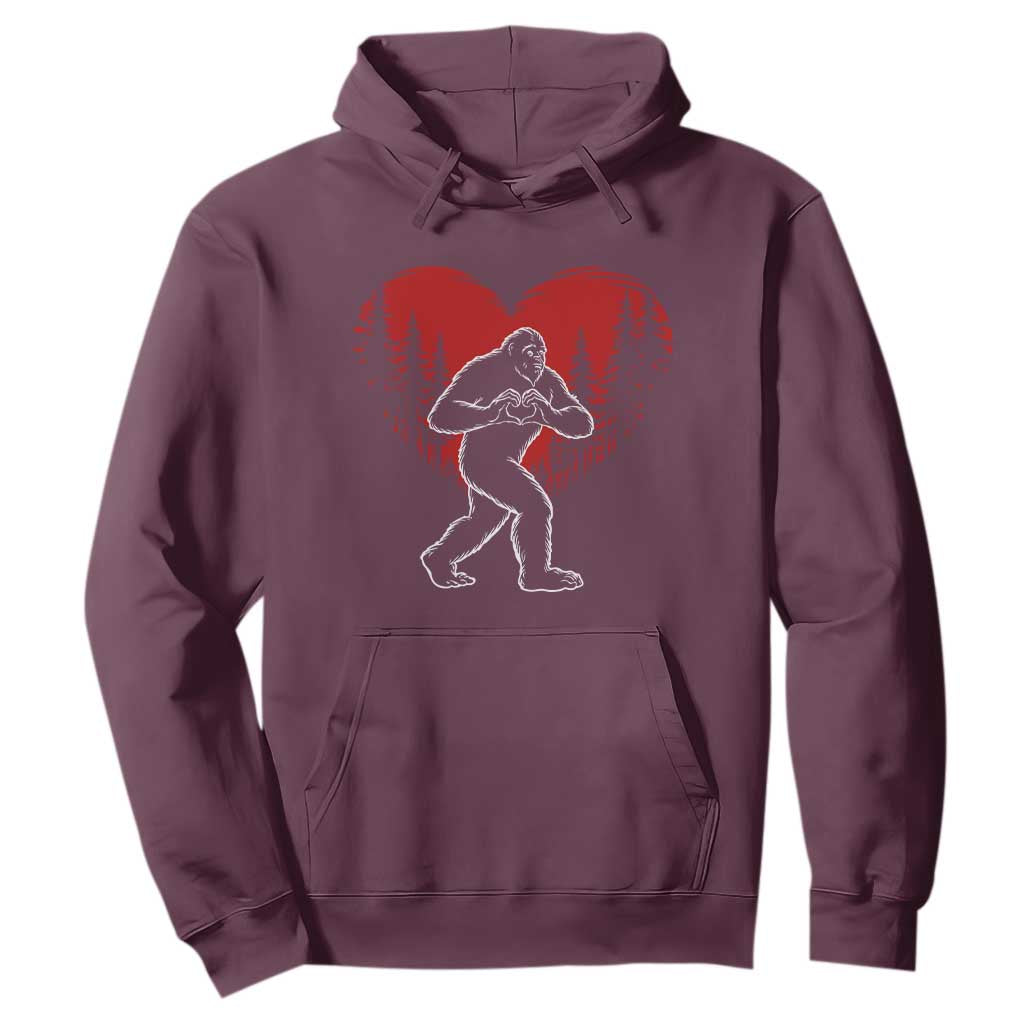 Funny Valentine Bigfoot in Love Heart Hand Sign Hoodie Romantic Sasquatch in Forest Valentines Day TS02 Maroon Print Your Wear