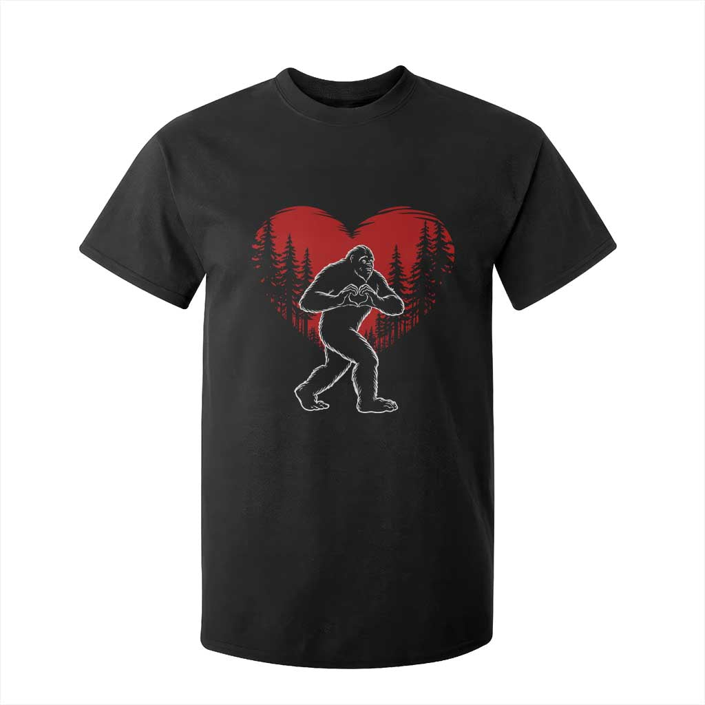 Funny Valentine Bigfoot in Love Heart Hand Sign T Shirt For Kid Romantic Sasquatch in Forest Valentines Day TS02 Black Print Your Wear