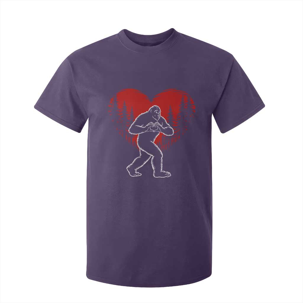 Funny Valentine Bigfoot in Love Heart Hand Sign T Shirt For Kid Romantic Sasquatch in Forest Valentines Day TS02 Purple Print Your Wear