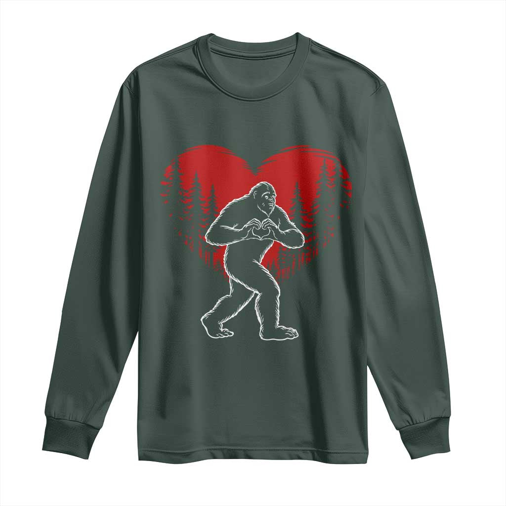 Funny Valentine Bigfoot in Love Heart Hand Sign Long Sleeve Shirt Romantic Sasquatch in Forest Valentines Day TS02 Dark Forest Green Print Your Wear