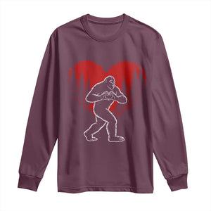 Funny Valentine Bigfoot in Love Heart Hand Sign Long Sleeve Shirt Romantic Sasquatch in Forest Valentines Day TS02 Maroon Print Your Wear