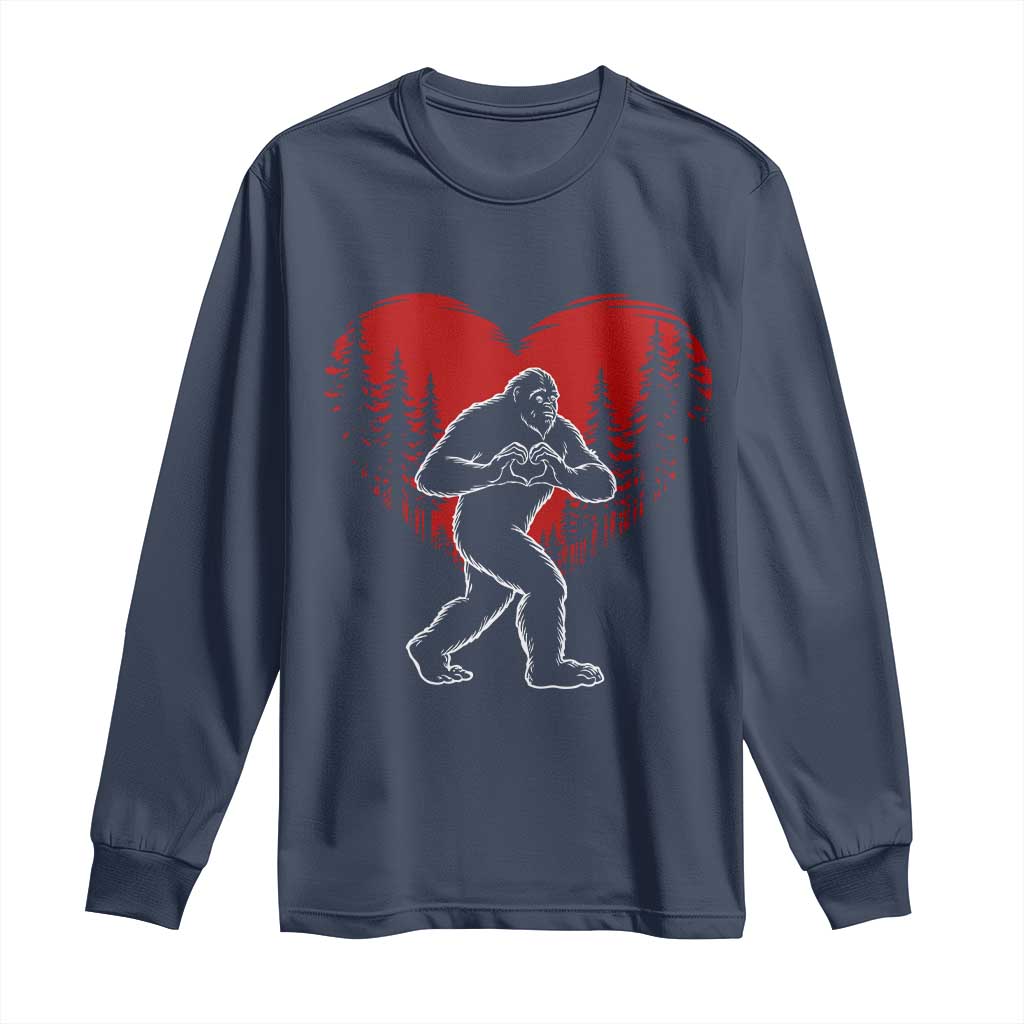 Funny Valentine Bigfoot in Love Heart Hand Sign Long Sleeve Shirt Romantic Sasquatch in Forest Valentines Day TS02 Navy Print Your Wear