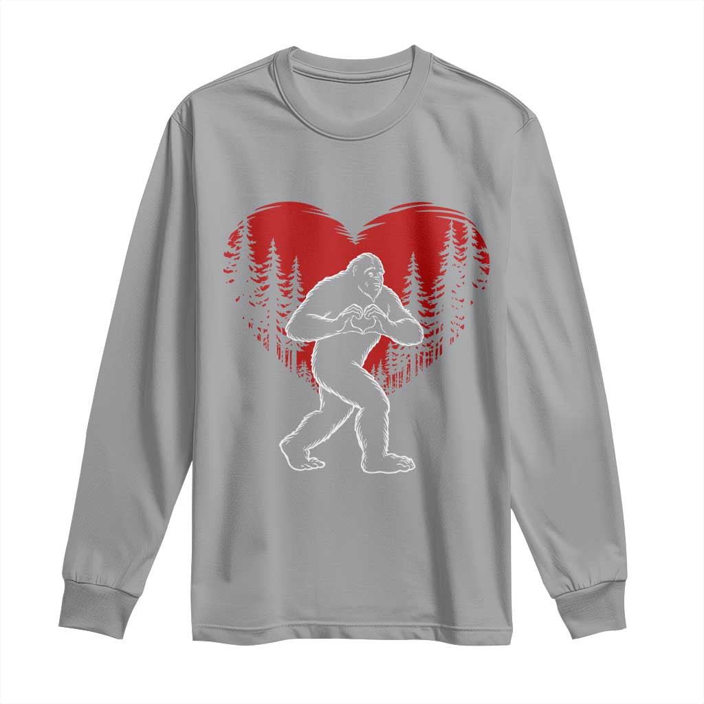 Funny Valentine Bigfoot in Love Heart Hand Sign Long Sleeve Shirt Romantic Sasquatch in Forest Valentines Day TS02 Sport Gray Print Your Wear