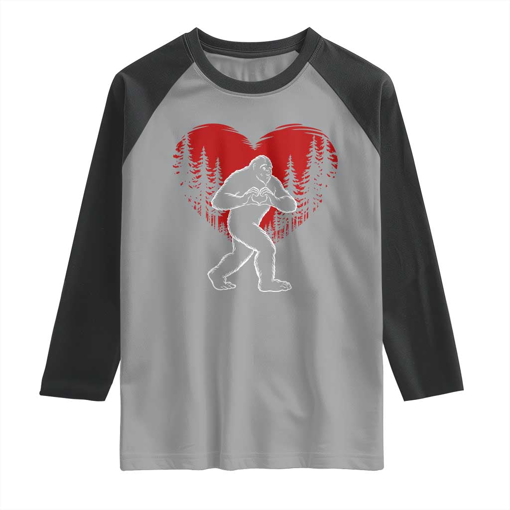 Funny Valentine Bigfoot in Love Heart Hand Sign Raglan Shirt Romantic Sasquatch in Forest Valentines Day TS02 Sport Gray Black Print Your Wear