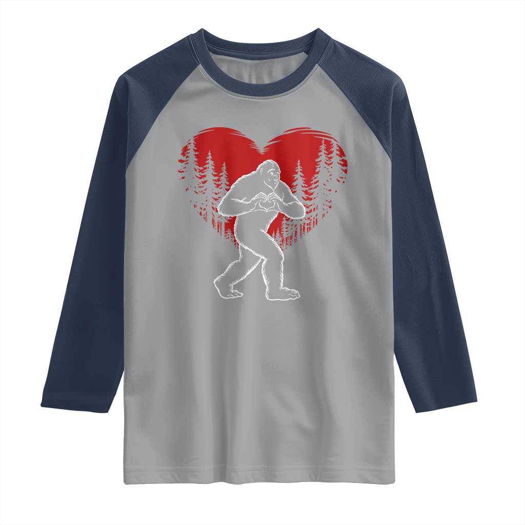 Funny Valentine Bigfoot in Love Heart Hand Sign Raglan Shirt Romantic Sasquatch in Forest Valentines Day TS02 Sport Gray Navy Print Your Wear