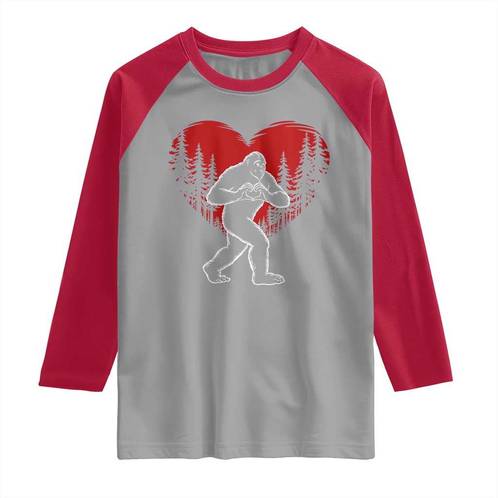 Funny Valentine Bigfoot in Love Heart Hand Sign Raglan Shirt Romantic Sasquatch in Forest Valentines Day TS02 Sport Gray Red Print Your Wear
