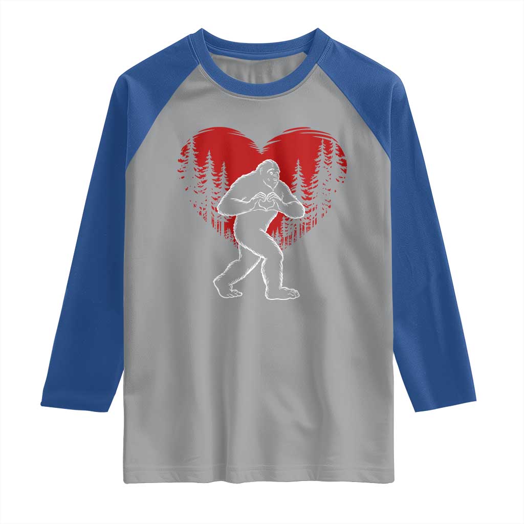 Funny Valentine Bigfoot in Love Heart Hand Sign Raglan Shirt Romantic Sasquatch in Forest Valentines Day TS02 Sport Gray Royal Print Your Wear