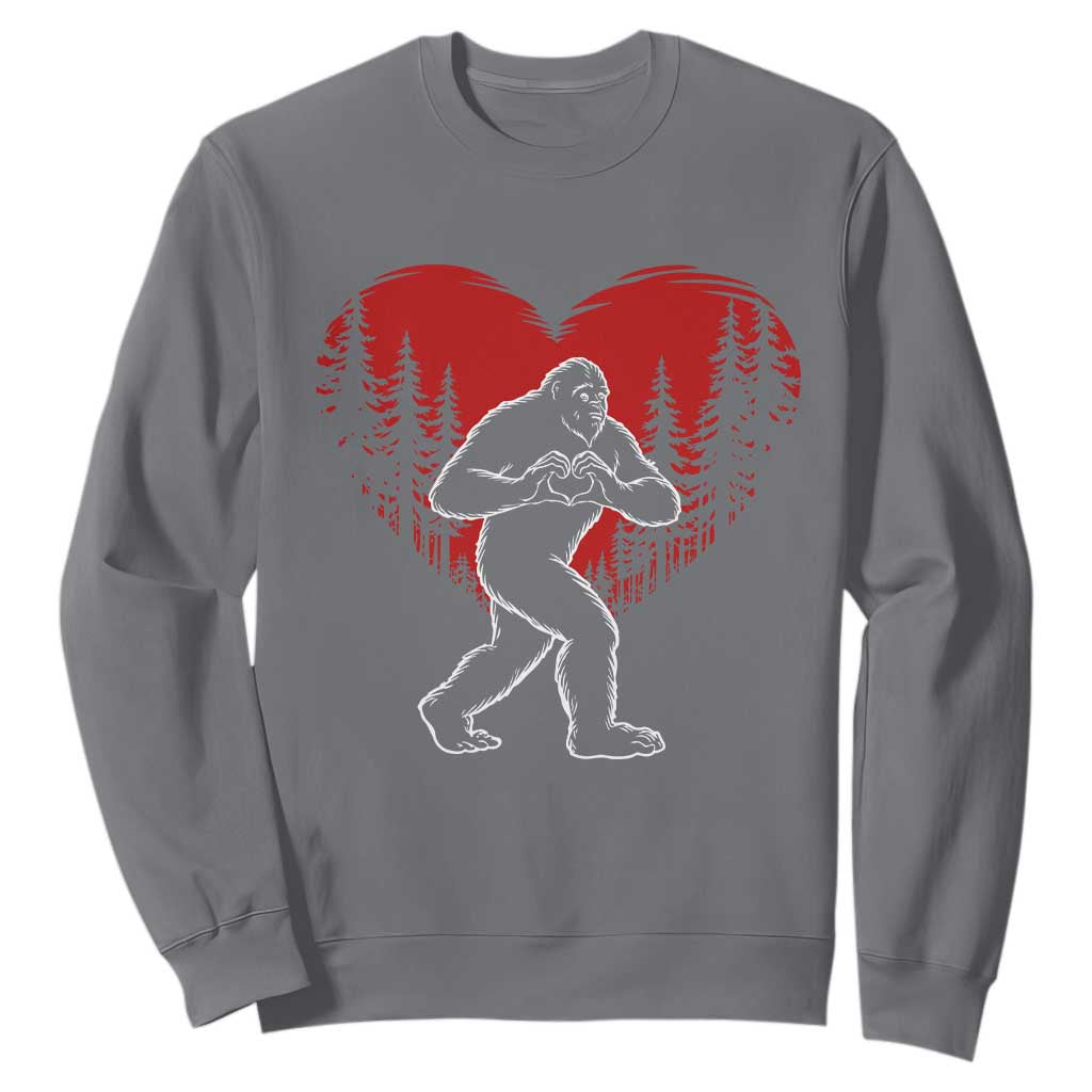 Funny Valentine Bigfoot in Love Heart Hand Sign Sweatshirt Romantic Sasquatch in Forest Valentines Day TS02 Charcoal Print Your Wear