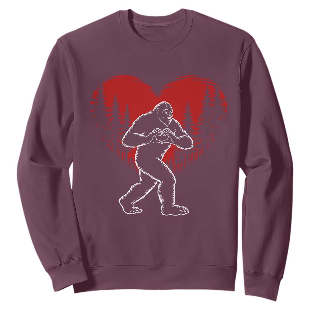 Funny Valentine Bigfoot in Love Heart Hand Sign Sweatshirt Romantic Sasquatch in Forest Valentines Day TS02 Maroon Print Your Wear