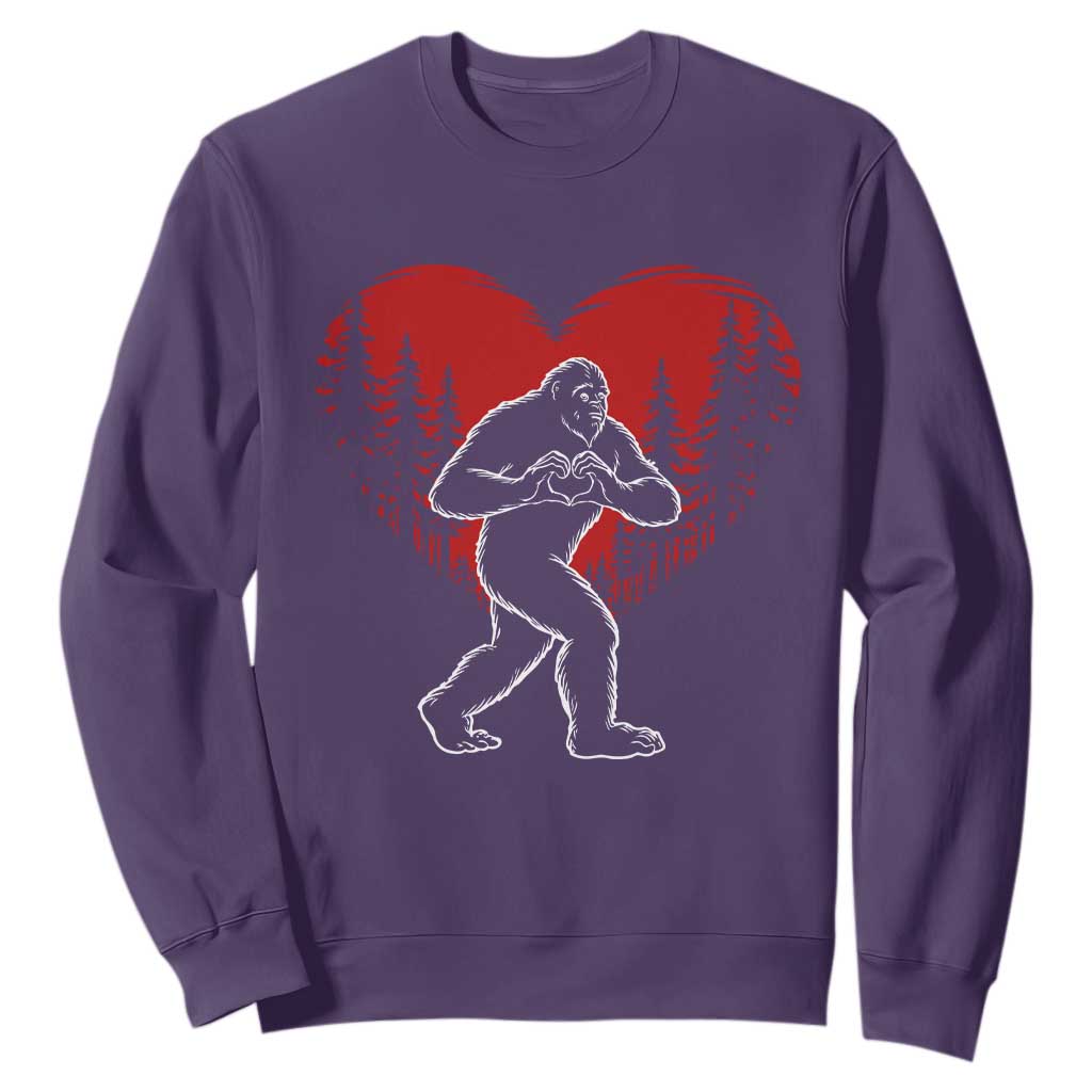 Funny Valentine Bigfoot in Love Heart Hand Sign Sweatshirt Romantic Sasquatch in Forest Valentines Day TS02 Purple Print Your Wear