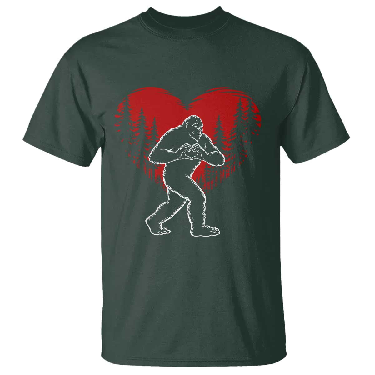 Funny Valentine Bigfoot in Love Heart Hand Sign T Shirt Romantic Sasquatch in Forest Valentines Day TS02 Dark Forest Green Print Your Wear