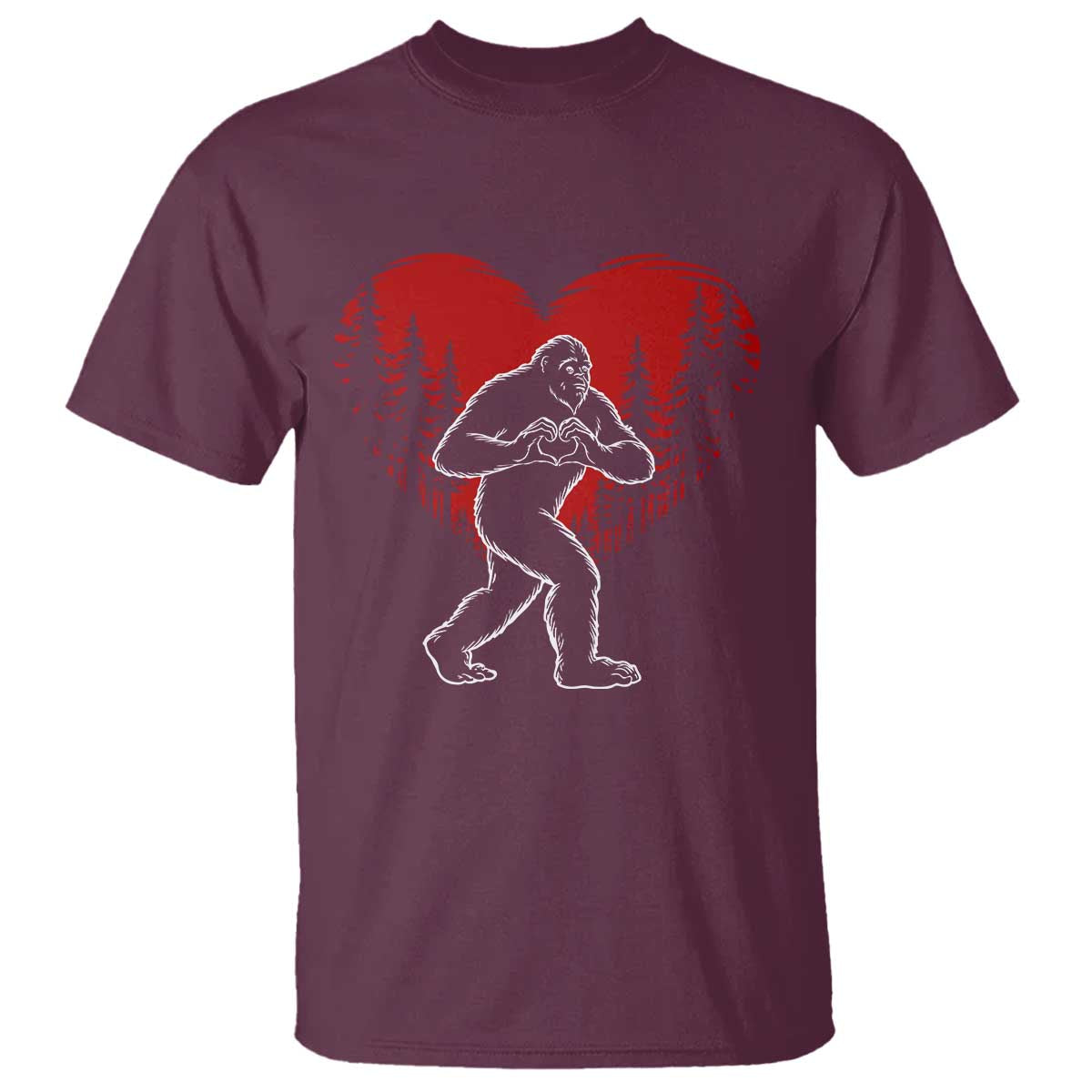 Funny Valentine Bigfoot in Love Heart Hand Sign T Shirt Romantic Sasquatch in Forest Valentines Day TS02 Maroon Print Your Wear
