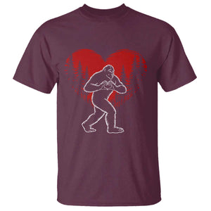 Funny Valentine Bigfoot in Love Heart Hand Sign T Shirt Romantic Sasquatch in Forest Valentines Day TS02 Maroon Print Your Wear