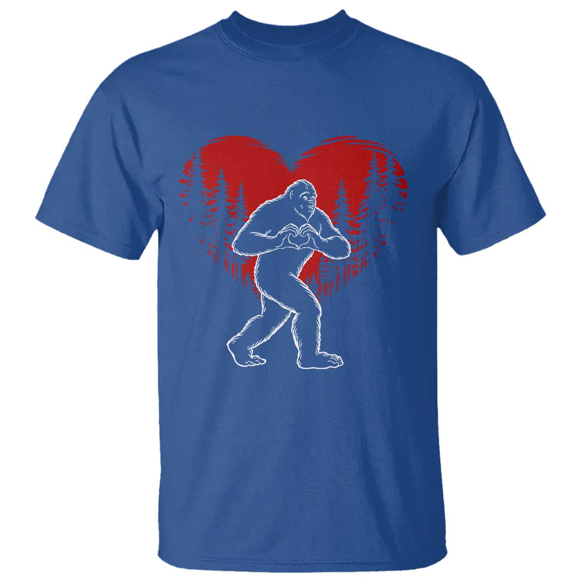 Funny Valentine Bigfoot in Love Heart Hand Sign T Shirt Romantic Sasquatch in Forest Valentines Day TS02 Royal Blue Print Your Wear