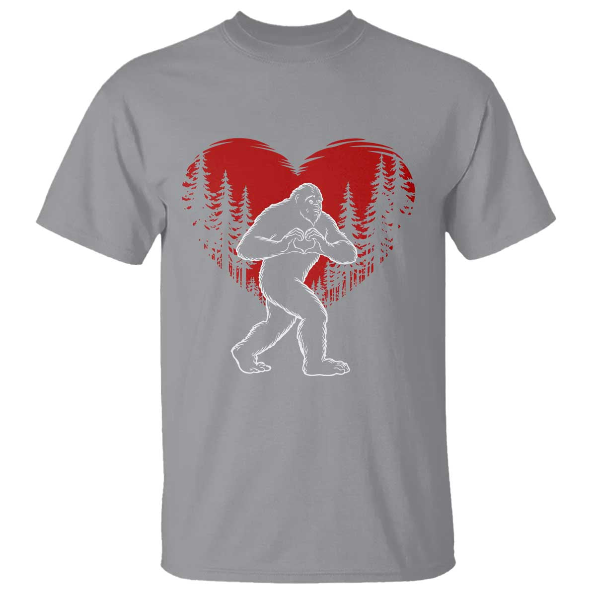 Funny Valentine Bigfoot in Love Heart Hand Sign T Shirt Romantic Sasquatch in Forest Valentines Day TS02 Sport Gray Print Your Wear