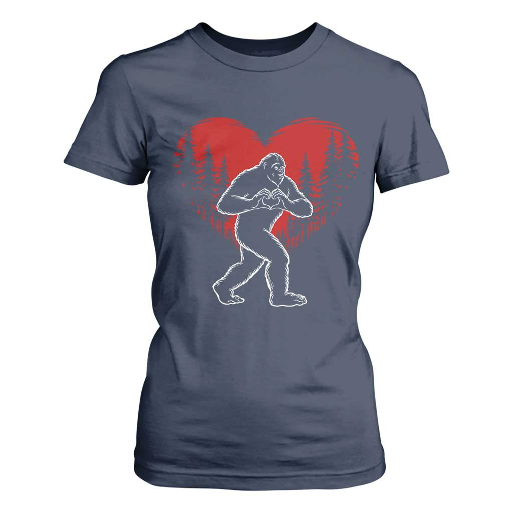 Funny Valentine Bigfoot in Love Heart Hand Sign T Shirt For Women Romantic Sasquatch in Forest Valentines Day TS02 Navy Print Your Wear