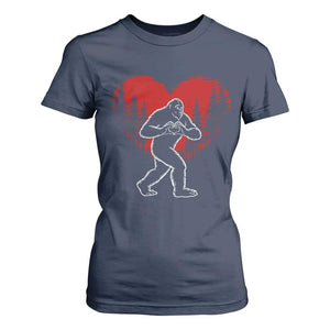 Funny Valentine Bigfoot in Love Heart Hand Sign T Shirt For Women Romantic Sasquatch in Forest Valentines Day TS02 Navy Print Your Wear