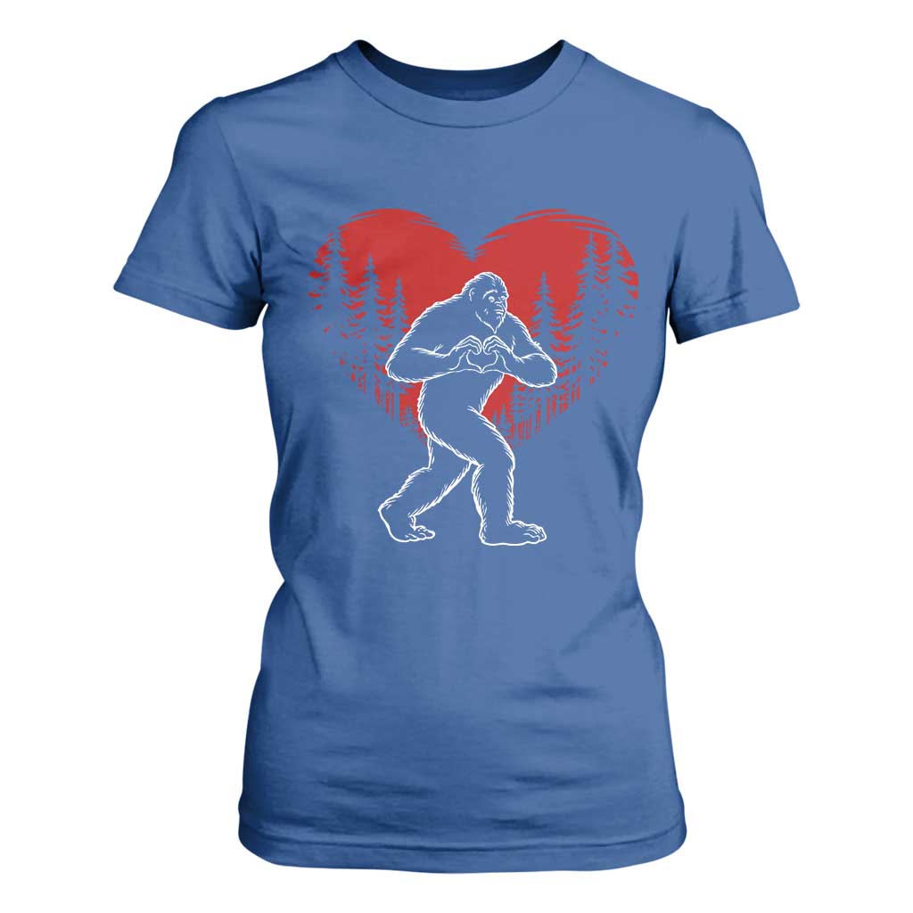 Funny Valentine Bigfoot in Love Heart Hand Sign T Shirt For Women Romantic Sasquatch in Forest Valentines Day TS02 Royal Blue Print Your Wear