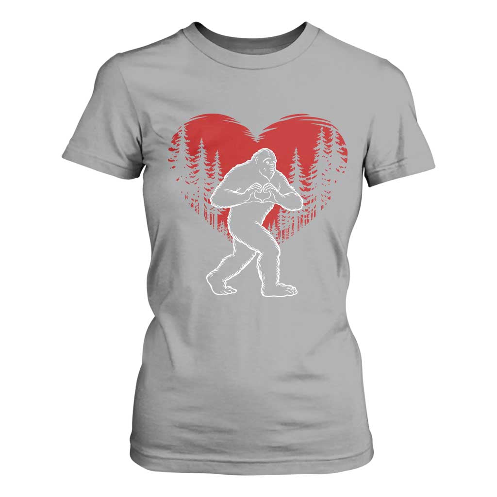 Funny Valentine Bigfoot in Love Heart Hand Sign T Shirt For Women Romantic Sasquatch in Forest Valentines Day TS02 Sport Gray Print Your Wear