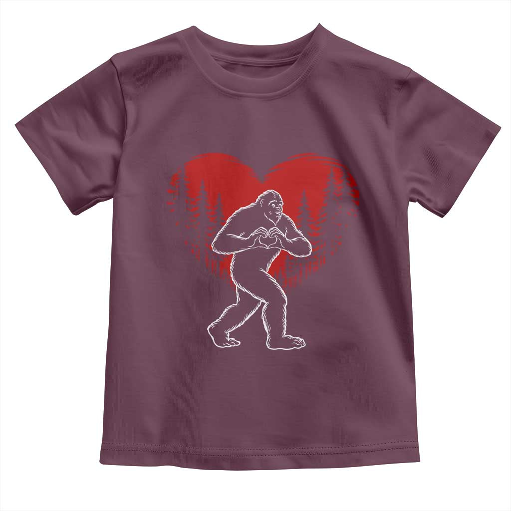 Funny Valentine Bigfoot in Love Heart Hand Sign Toddler T Shirt Romantic Sasquatch in Forest Valentines Day TS02 Maroon Print Your Wear