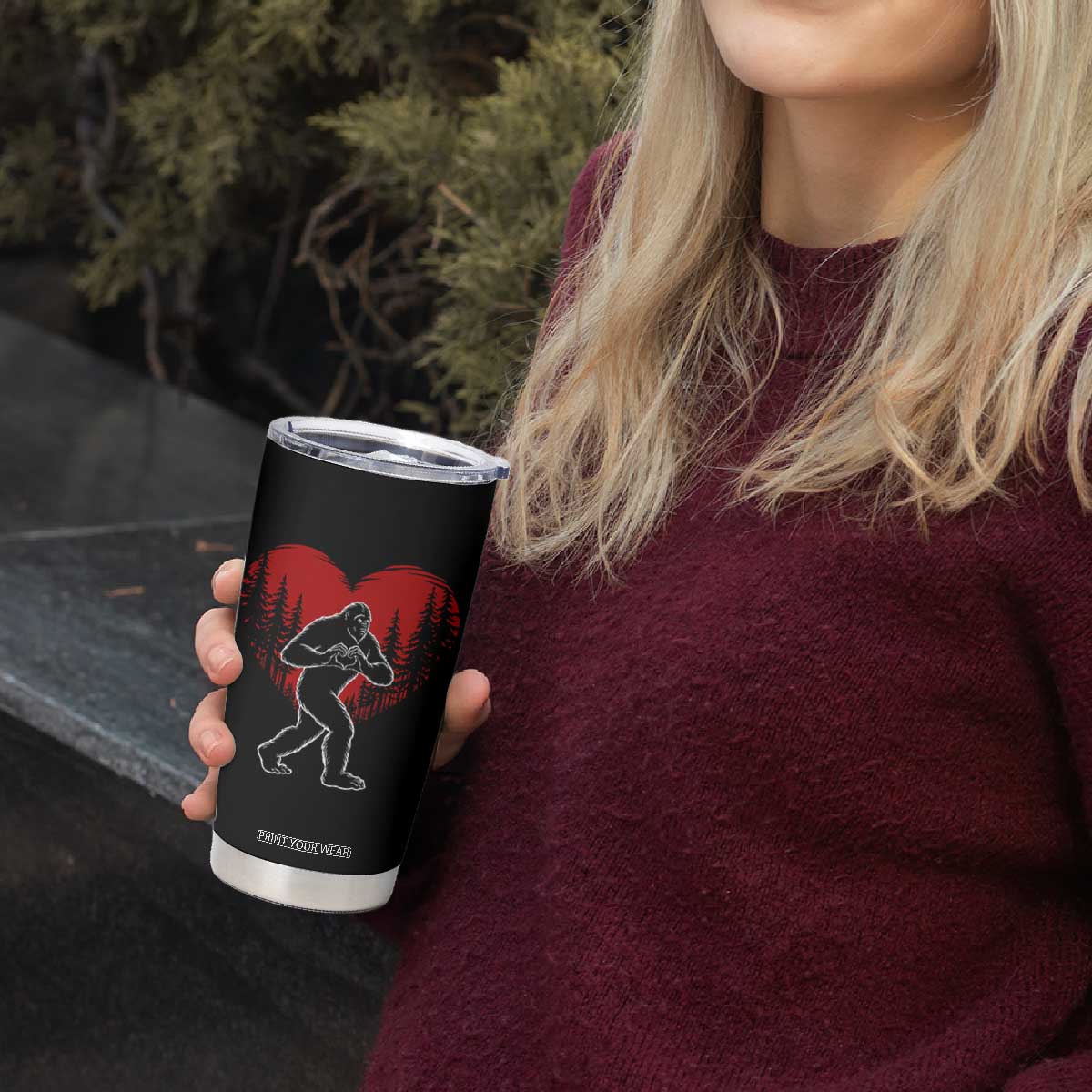 Funny Valentine Bigfoot in Love Heart Hand Sign Tumbler Cup Romantic Sasquatch in Forest Valentines Day TS02 Print Your Wear