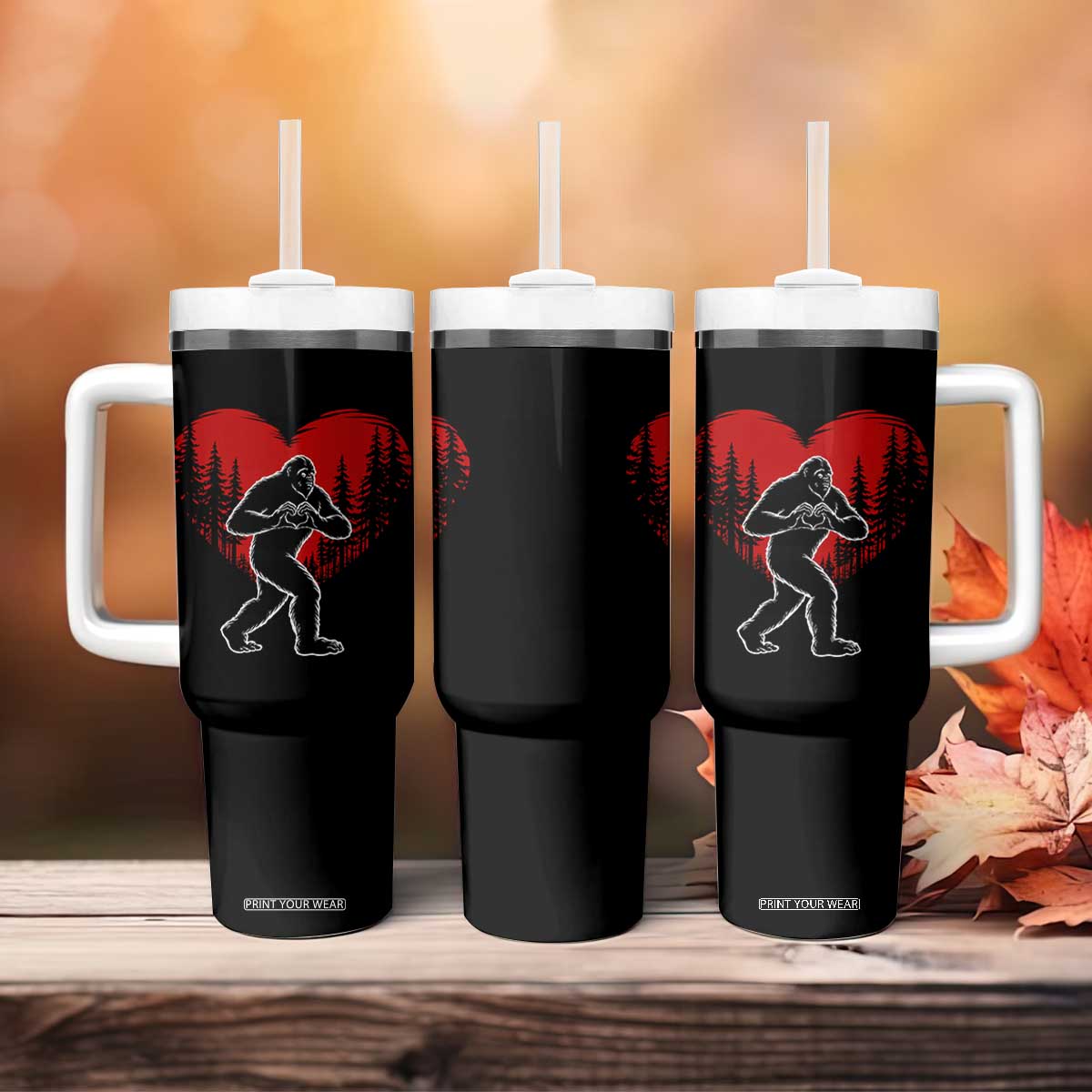 Funny Valentine Bigfoot in Love Heart Hand Sign Tumbler With Handle Romantic Sasquatch in Forest Valentines Day TS02 Print Your Wear