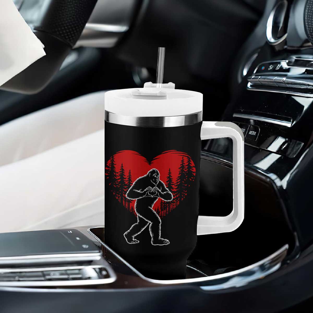 Funny Valentine Bigfoot in Love Heart Hand Sign Tumbler With Handle Romantic Sasquatch in Forest Valentines Day TS02 Print Your Wear