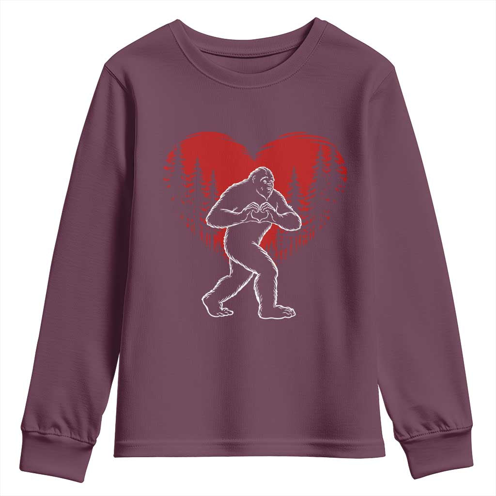 Funny Valentine Bigfoot in Love Heart Hand Sign Youth Sweatshirt Romantic Sasquatch in Forest Valentines Day TS02 Maroon Print Your Wear