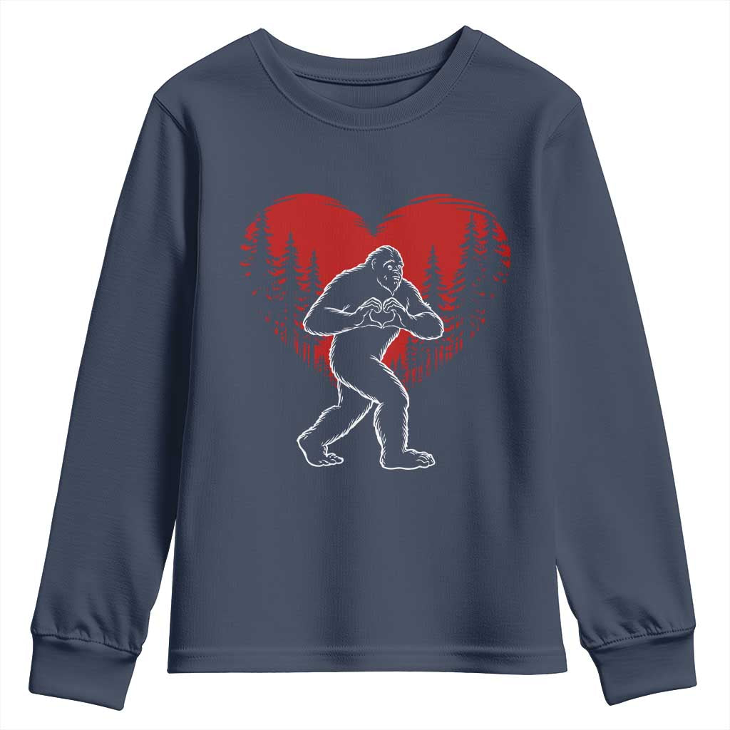 Funny Valentine Bigfoot in Love Heart Hand Sign Youth Sweatshirt Romantic Sasquatch in Forest Valentines Day TS02 Navy Print Your Wear