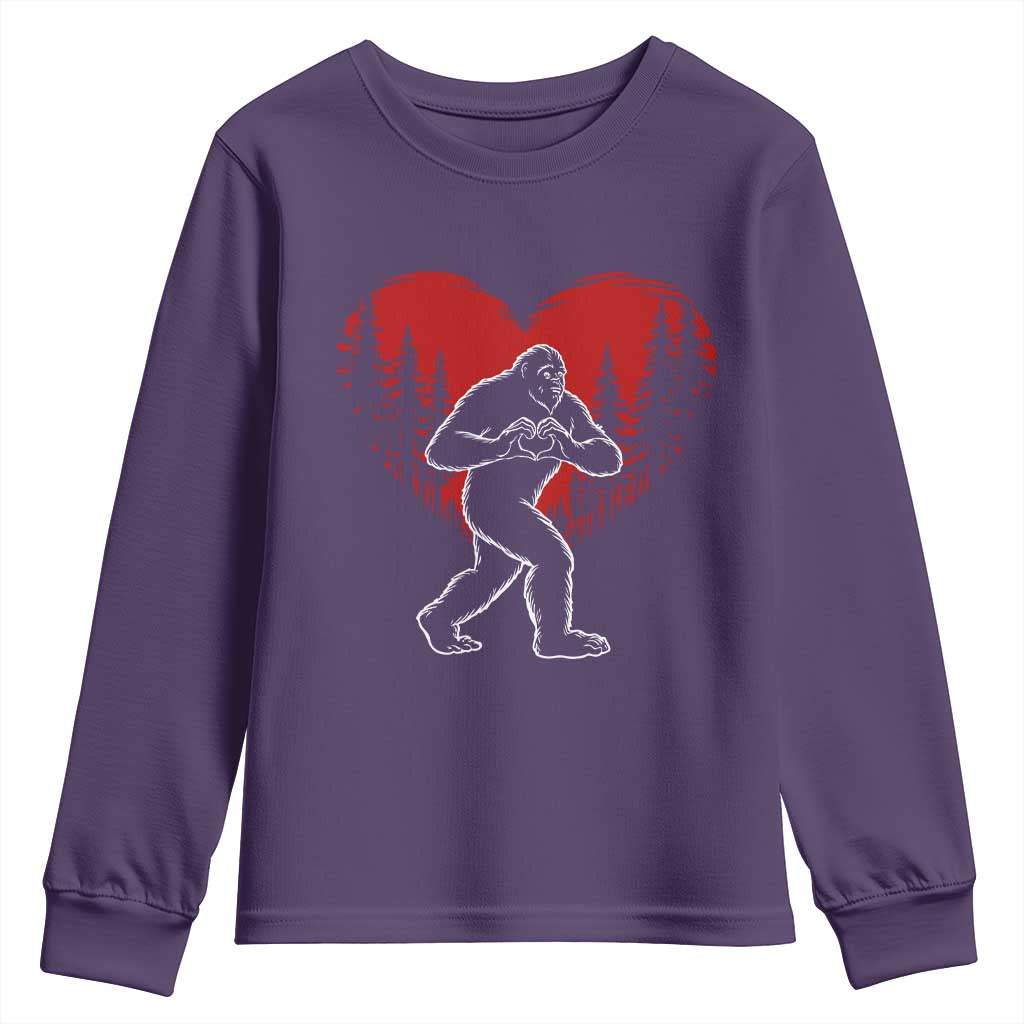 Funny Valentine Bigfoot in Love Heart Hand Sign Youth Sweatshirt Romantic Sasquatch in Forest Valentines Day TS02 Purple Print Your Wear