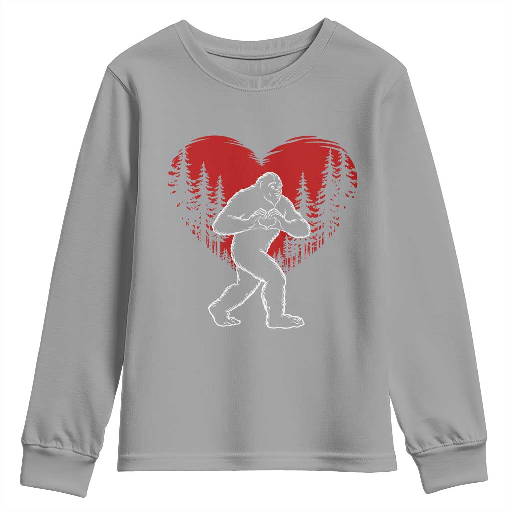 Funny Valentine Bigfoot in Love Heart Hand Sign Youth Sweatshirt Romantic Sasquatch in Forest Valentines Day TS02 Sport Gray Print Your Wear